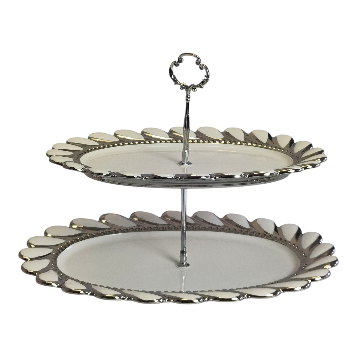 Soporte de 2 Niveles Plateado con Bandejas Florales — Ideal para Postres, Frutas o Decoración