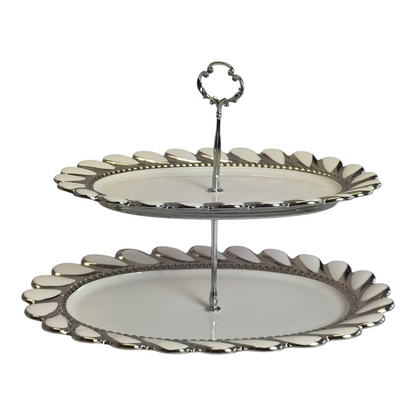 Soporte de 2 Niveles Plateado con Bandejas Florales — Ideal para Postres, Frutas o Decoración