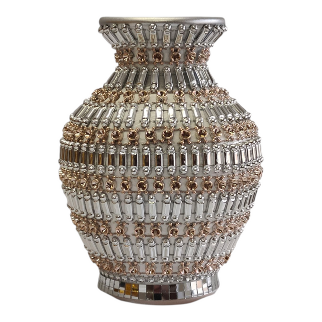 🏺 Jarrón Decorativo Plateado con Detalles Dorados - 20cm