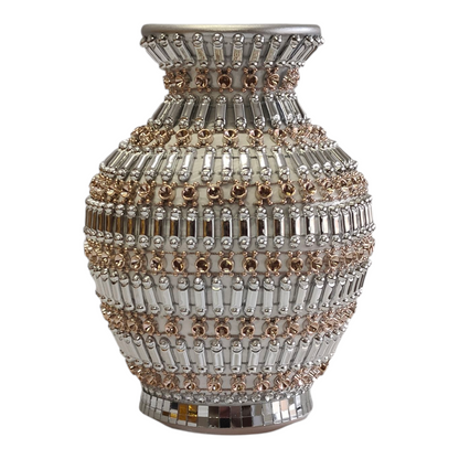 🏺 Jarrón Decorativo Plateado con Detalles Dorados - 20cm