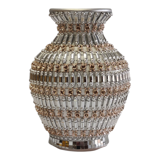 🏺 Jarrón Decorativo Plateado con Detalles Dorados - 20cm