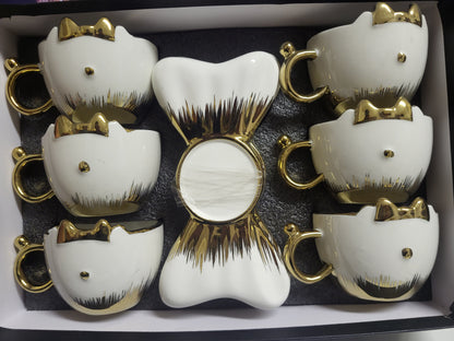 Set de 6 Tazas de Café Espresso con Bandeja – Diseño Gatito Blanco y Dorado 🐱✨