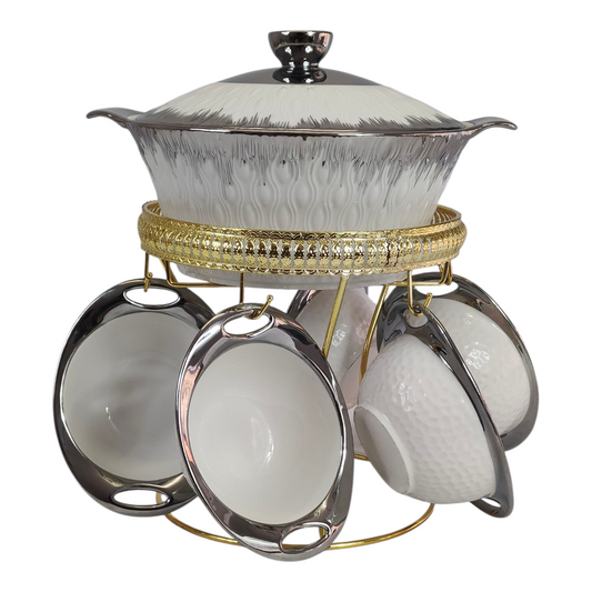 Set de Sopera de Cerámica con Tapadera + 6 Cuencos con Soporte Dorado - Estilo Elegante Blanco y Plateado