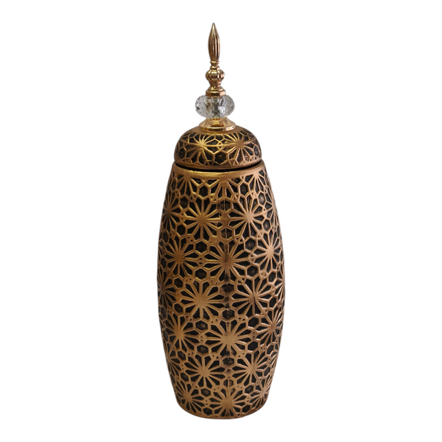 Decoración Árabe Dorada con Tapa y Detalle de Cristal – Diseño Tallado Floral 46,5cm
