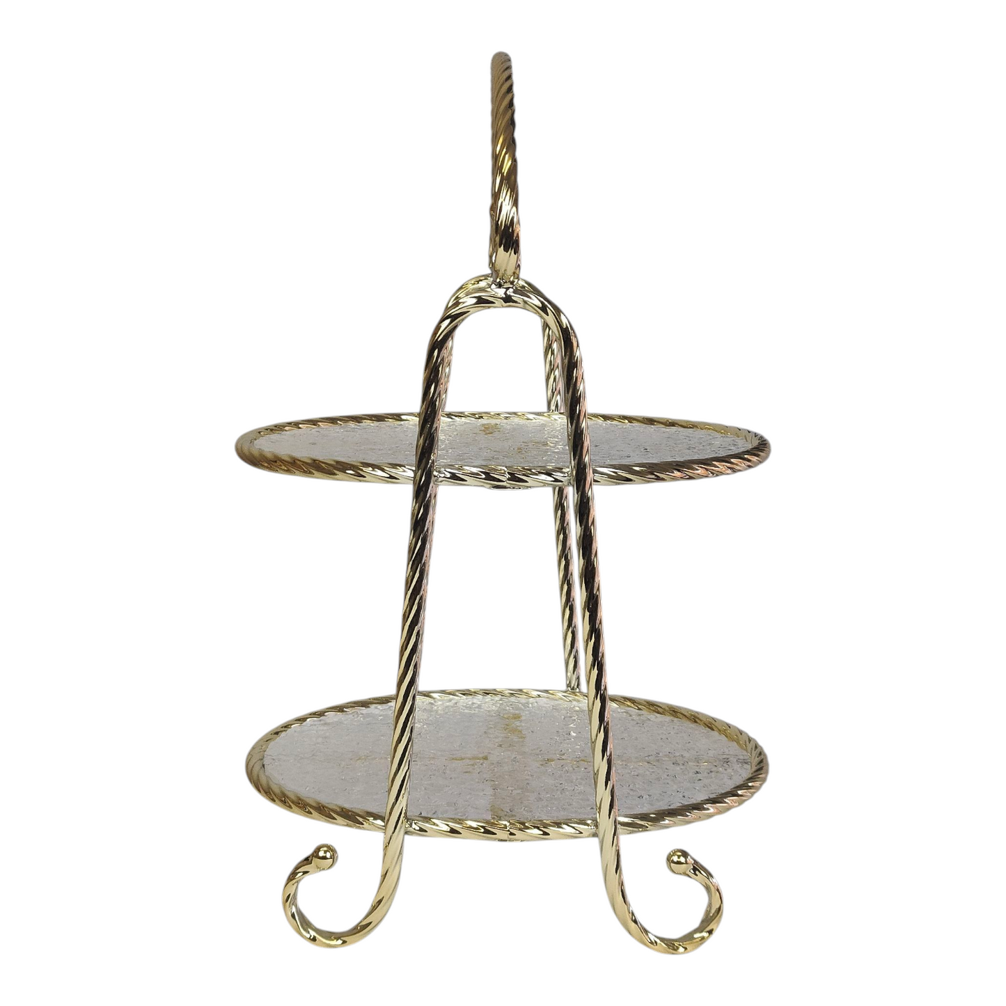 Soporte Decorativo de 2 Niveles con Bandejas de Cristal y Marco Dorado — Elegancia Clásica para tu Hogar