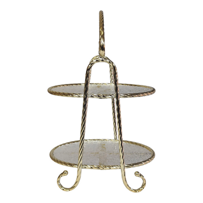 Soporte Decorativo de 2 Niveles con Bandejas de Cristal y Marco Dorado — Elegancia Clásica para tu Hogar