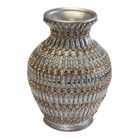 🏺 Jarrón Decorativo Plateado con Detalles Dorados - 20cm