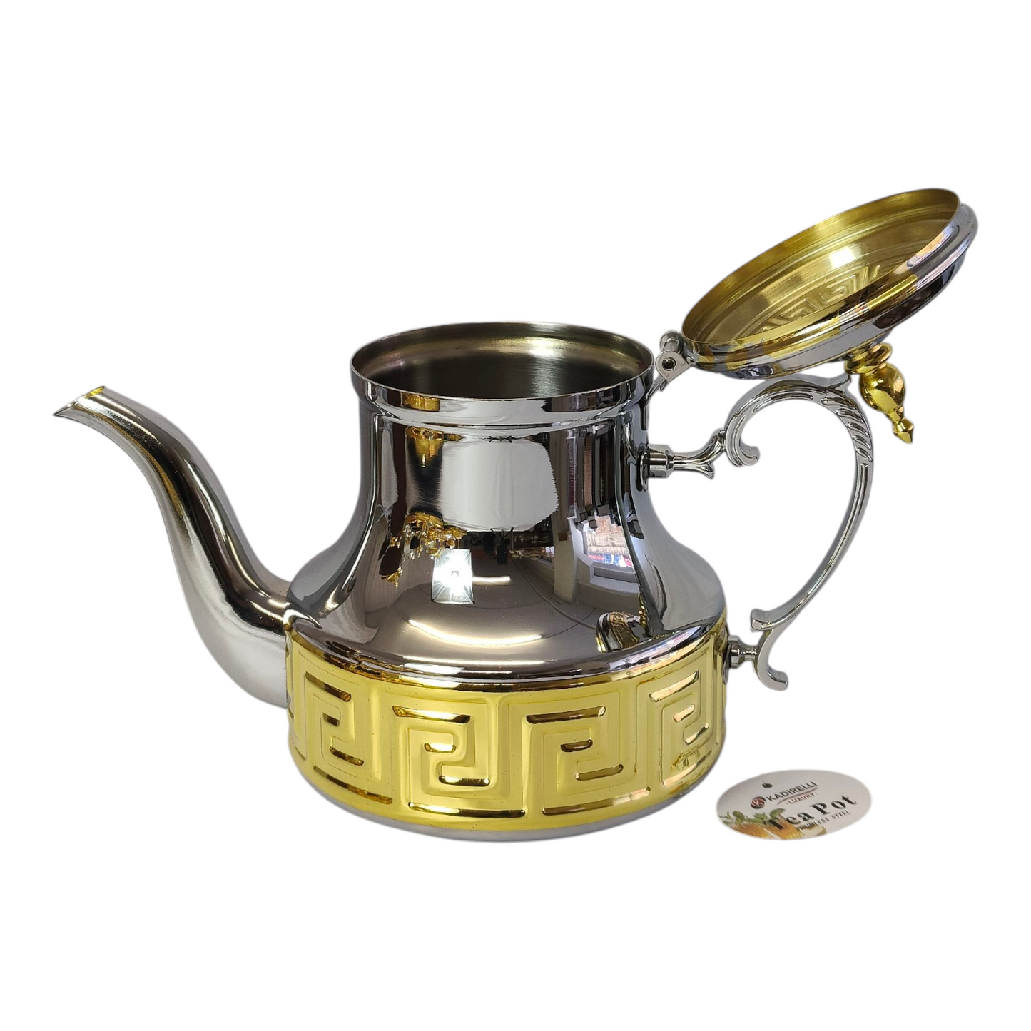 Tetera Marroquí de Acero Inoxidable con Detalles Dorados