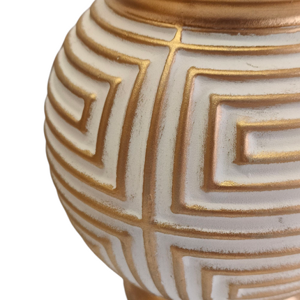 Jarrón Decorativo Árabe Redondo Dorado y Blanco con Tapa y Detalle de Cristal – 31cm