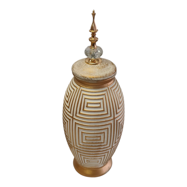 Jarrón Decorativo Árabe Alto Dorado y Blanco con Tapa y Detalle de Cristal – 46cm