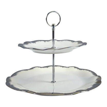 Soporte de 2 Pisos para Dulces y Aperitivos 🍰✨ Porcelana Blanca con Borde Plateado