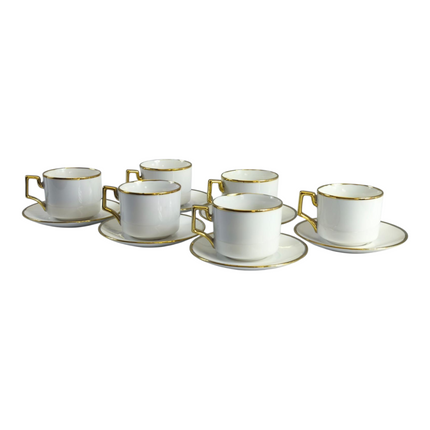 ☕ Set of 6 White Cups and Saucers with Gold Rims – Modern and Elegant Design 💛