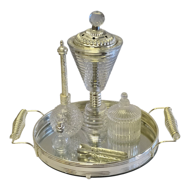 Conjunto de incenso e perfume árabe banhado a prata — bandeja de luxo em cristal e metal