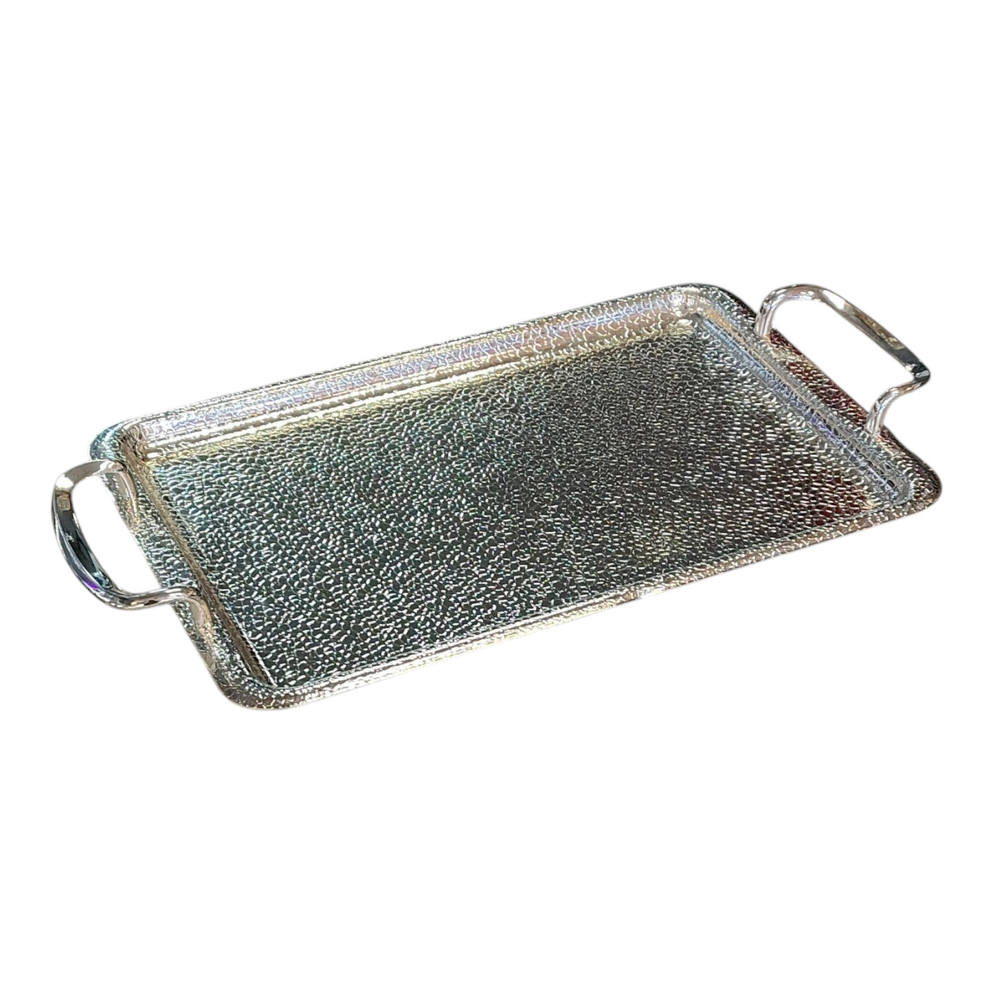 Bandeja Rectangular Martillada Plateada con Asas