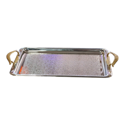 Bandeja Rectangular Plateada con Asas Doradas de Lujo