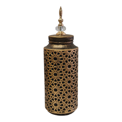Jarrón Decorativo Árabe Dorado Oscuro con Tapa y Detalle de Cristal – 45cm