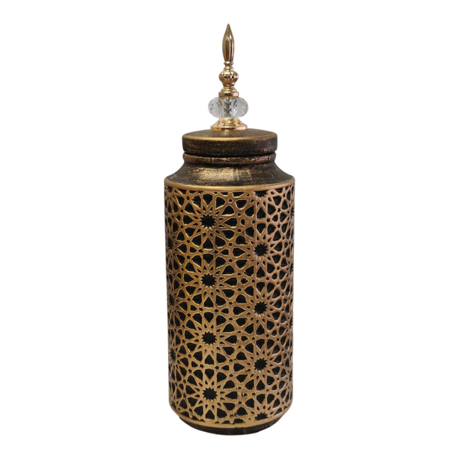 Jarrón Decorativo Árabe Dorado Oscuro con Tapa y Detalle de Cristal – 45cm