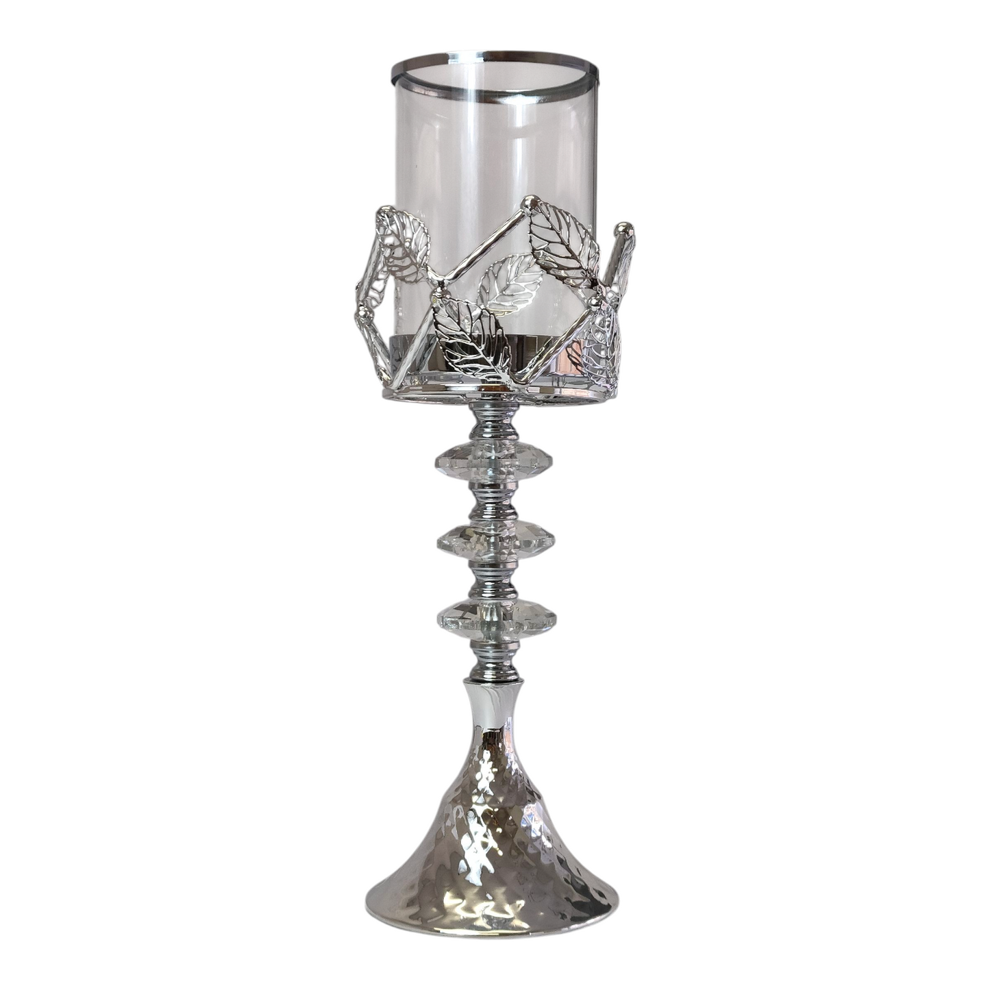 Portavelas de Cristal y Metal Plateado con Detalles de Hojas – 42cm