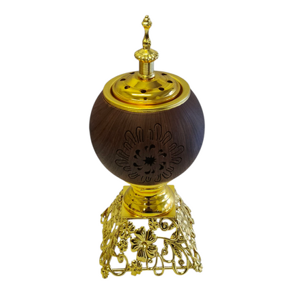 Incensário árabe dourado e em madeira — Design luxuoso com base vazada