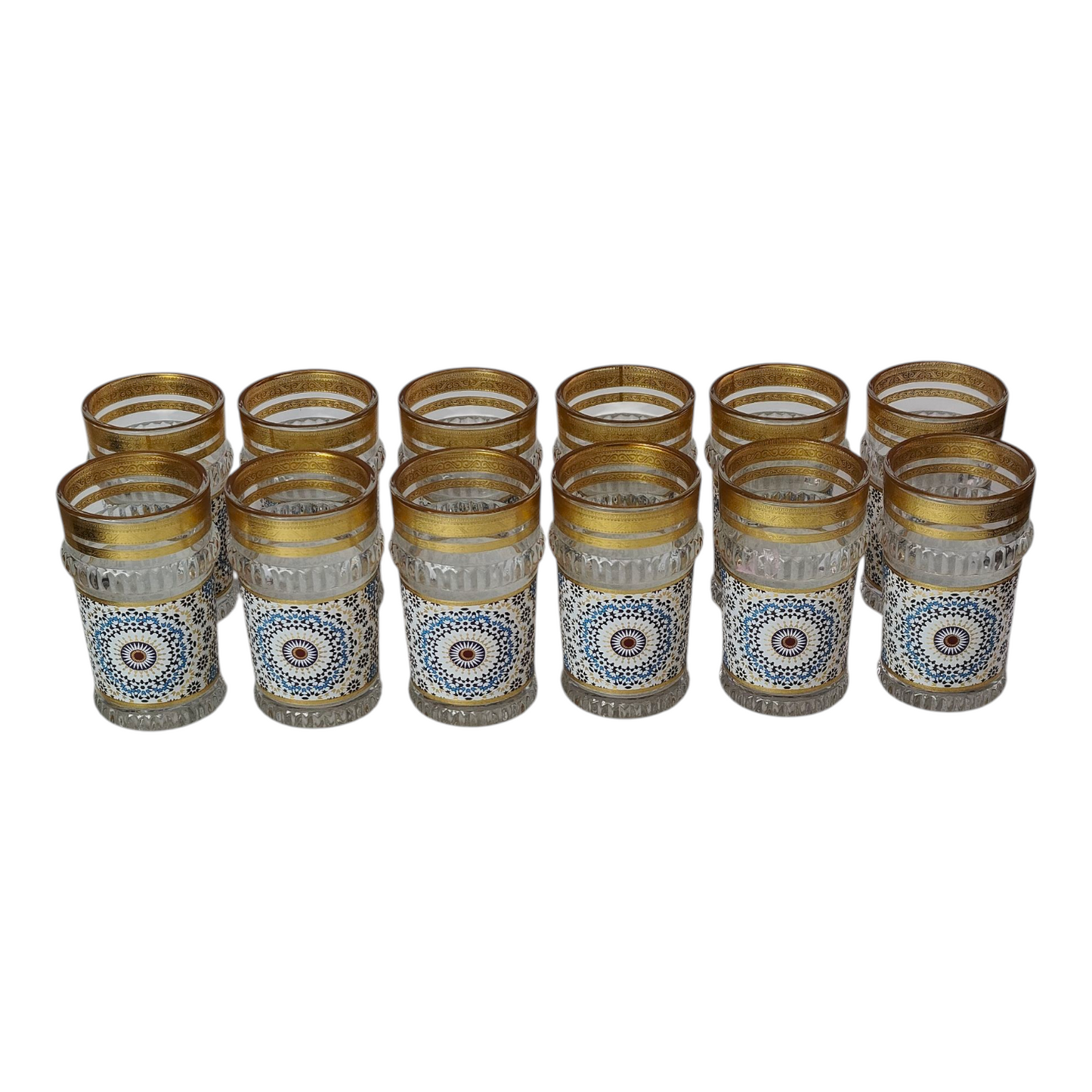 Vasos de Té Marroquí de Cristal Decorado (Azul/Dorado) | Borde Dorado