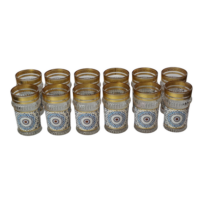Vasos de Té Marroquí de Cristal Decorado (Azul/Dorado) | Borde Dorado