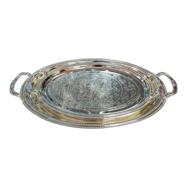 Bandeja Oval Plateada Grabada con Asas – Estilo Clásico