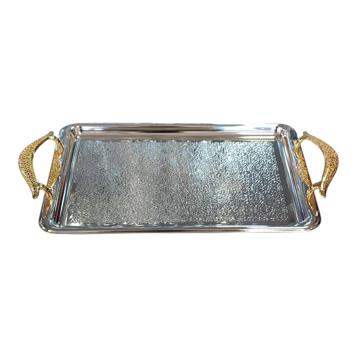 Bandeja Rectangular Plateada con Asas Doradas de Lujo