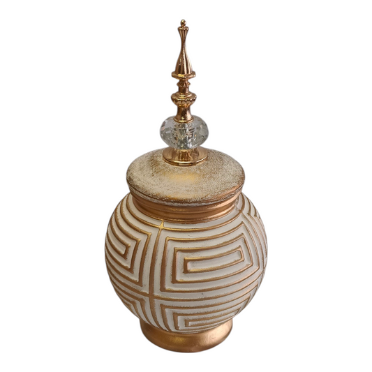 Jarrón Decorativo Árabe Redondo Dorado y Blanco con Tapa y Detalle de Cristal – 31cm