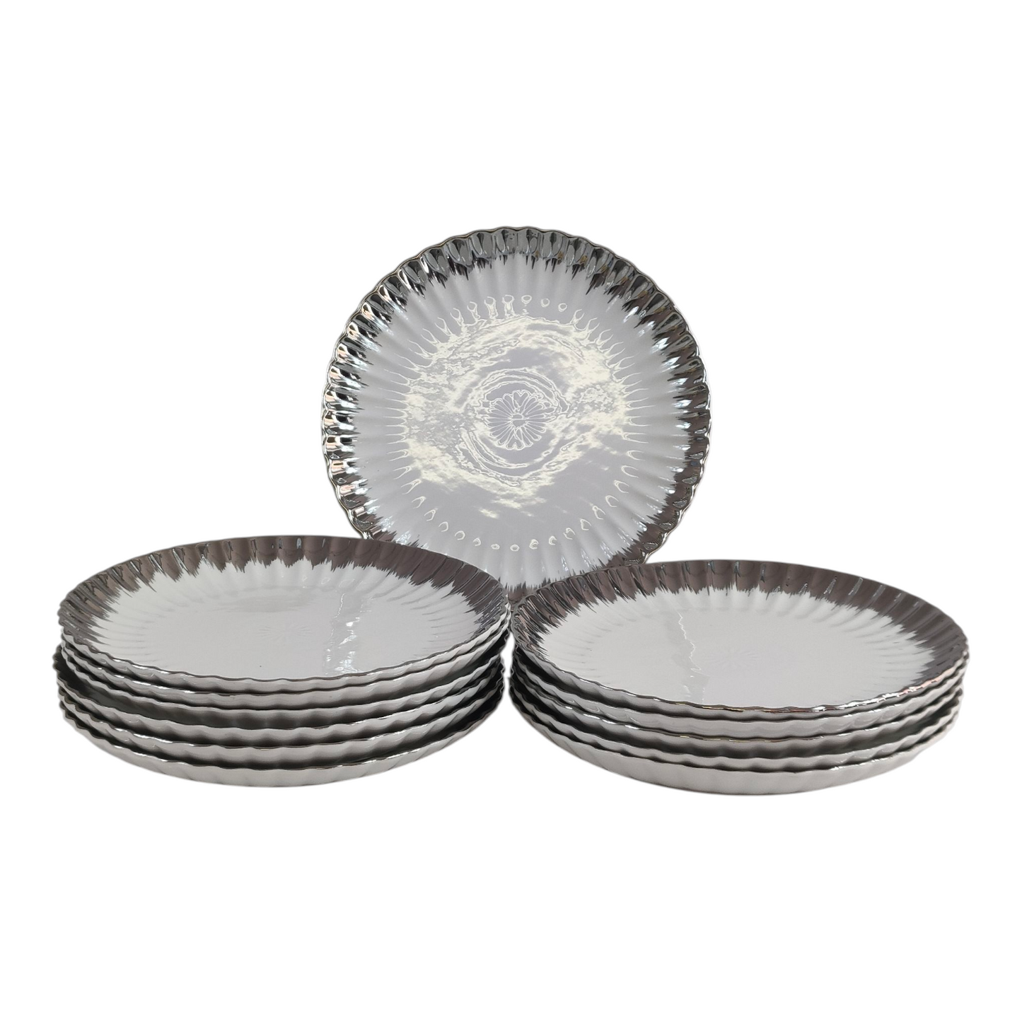 Set de 12 Platos Redondos Elegantes con Borde Plateado ✨ Vajilla Moderna y Sofisticada