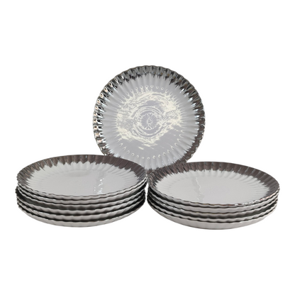 Set de 12 Platos Redondos Elegantes con Borde Plateado ✨ Vajilla Moderna y Sofisticada