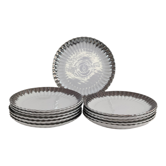 Set de 12 Platos Redondos Elegantes con Borde Plateado ✨ Vajilla Moderna y Sofisticada