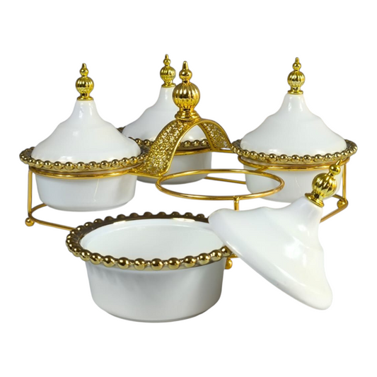 Set de 4 Mini Tagines de Cerámica con Detalles Dorados y Soporte Metálico