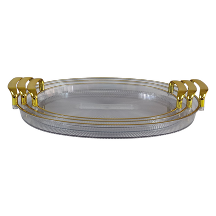 🍽️ Conjunto de 3 tabuleiros ovais em plástico com pegas douradas – Design elegante e durável