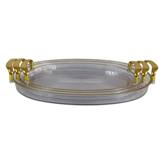 🍽️ Set de 3 Bandejas Ovaladas de Plástico con Asas Doradas – Diseño Elegante y Resistente