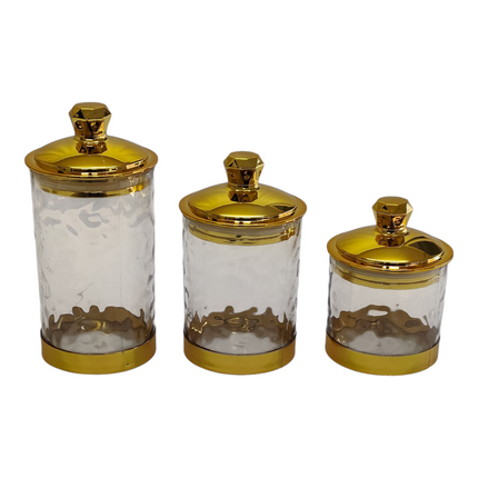 💎 Conjunto de 3 Potes de Plástico Transparente com Tampas Douradas — Design Ondulado e Elegante ✨