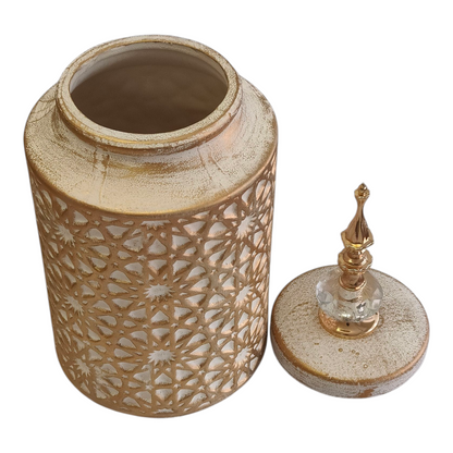 Jarrón Decorativo Árabe Dorado y Blanco con Tapa –37cm