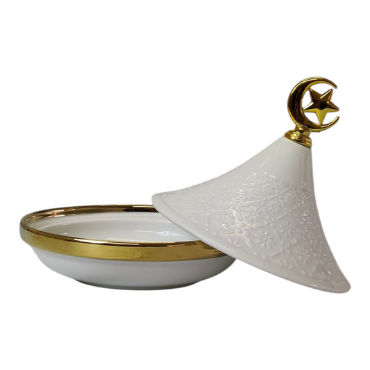 Mini Tajine Decorativo Blanco con Relieve Floral y Luna Dorada 🌙✨- 12,5cm
