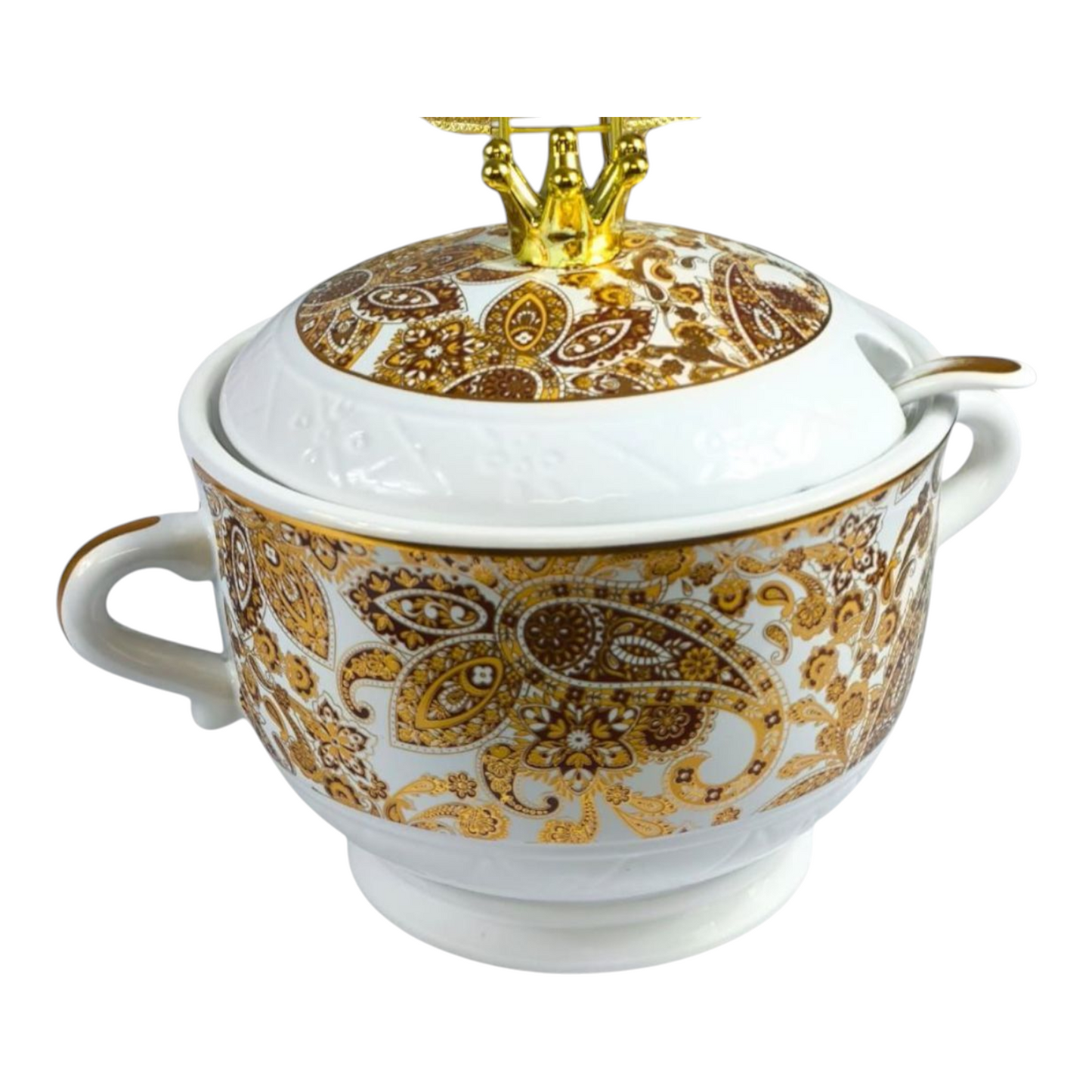 🍲 Set de Sopa de Cerámica con Detalles Dorados – 11 Piezas con Soporte ✨