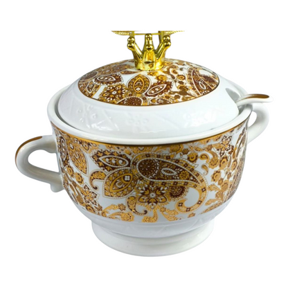 🍲 Set de Sopa de Cerámica con Detalles Dorados – 11 Piezas con Soporte ✨