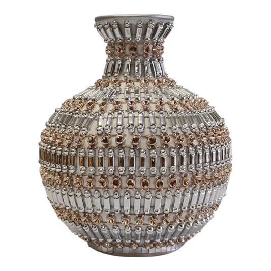 🏺 Jarrón Decorativo Plateado con Detalles Dorados –  22cm