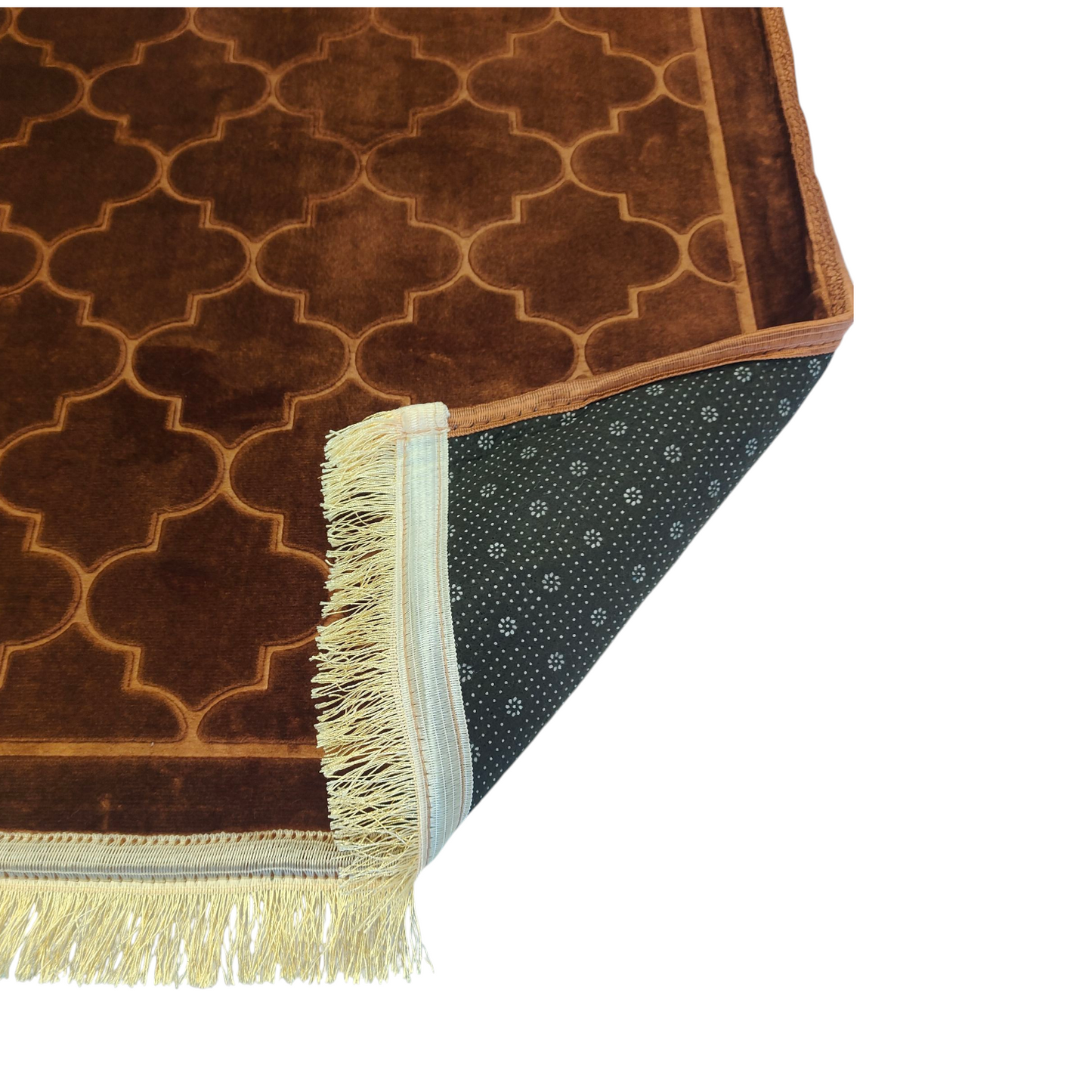 Alfombra de Rezo Sajjada Marrón Chocolate con Flecos Dorados