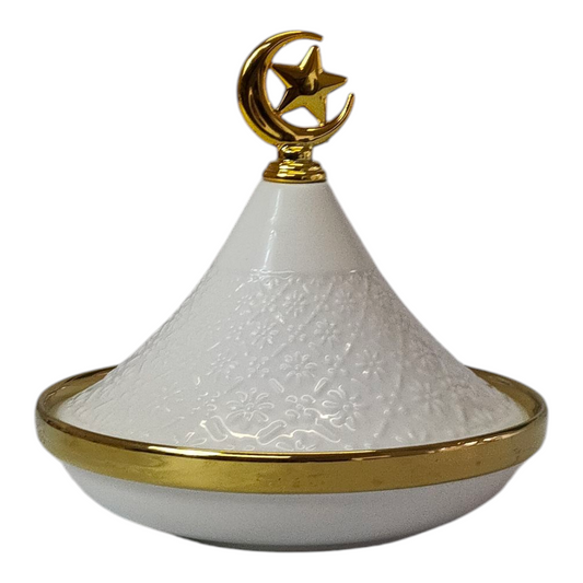 Mini Tajine Decorativo Blanco con Relieve Floral y Luna Dorada 🌙✨- 12,5cm