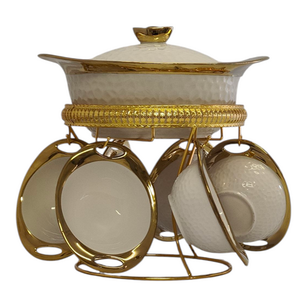 Porcelain Harira Soup Tureen with Gold Stand + 6 Cups/Bowls