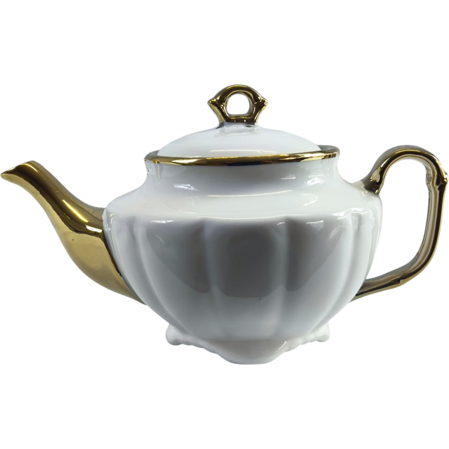 Set de Té de Porcelana Blanca con Detalles Dorados ✨🍵 Tetera + 6 Tazas con Platos