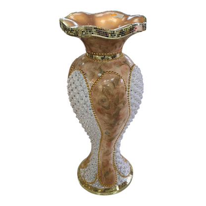 Jarrón de Lujo Dorado con Perlas y Borde de Mosaico – Decoración Clásica y Sofisticada 81cm