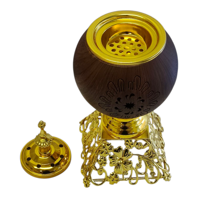 Incensário árabe dourado e em madeira — Design luxuoso com base vazada