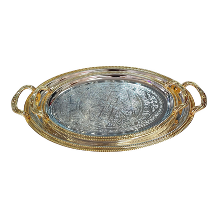 Bandeja oval bicolor gravada em prata e ouro