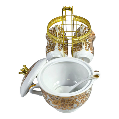 🍲 Set de Sopa de Cerámica con Detalles Dorados – 11 Piezas con Soporte ✨