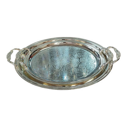 Bandeja Redondeada Plateada Grabada con Asas Texturizadas