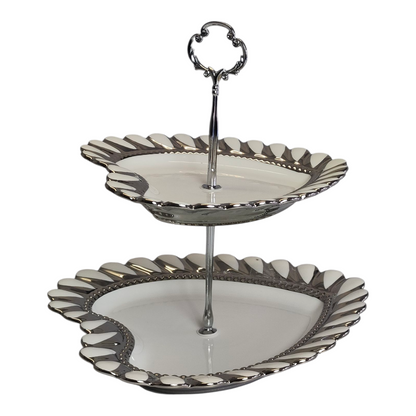 Soporte de 2 Niveles en Forma de Corazón Plateado — Bandejas Elegantes para Postres y Decoración